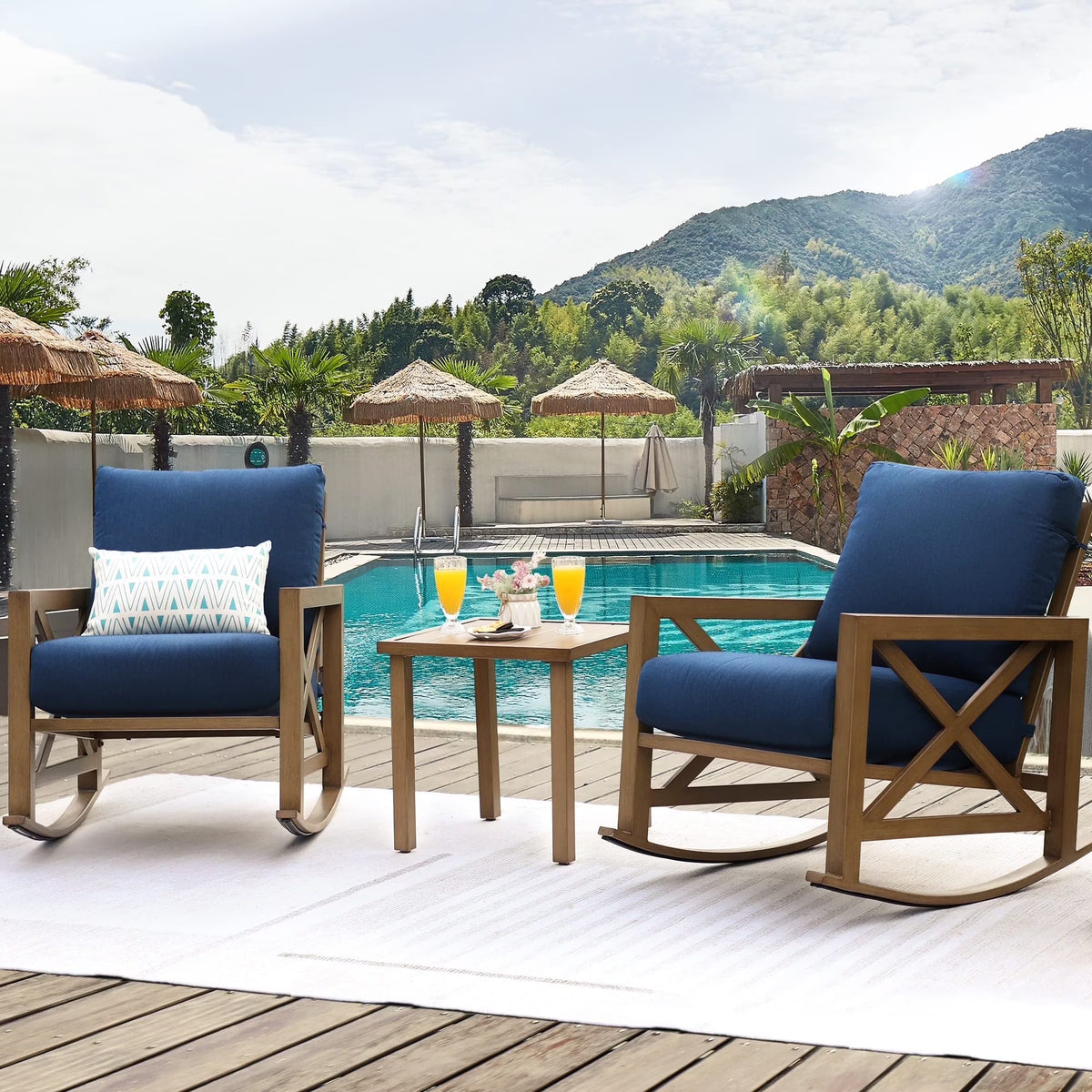 NATURAL EXPRESSIONS Sunbrella Rocking Bistro Set, 3 Piece Outdoor Patio Conversation Furniture Set with 6.5'' Thick Cushions Wood Grain Finish Frame for Backyard,Porch,Poolside