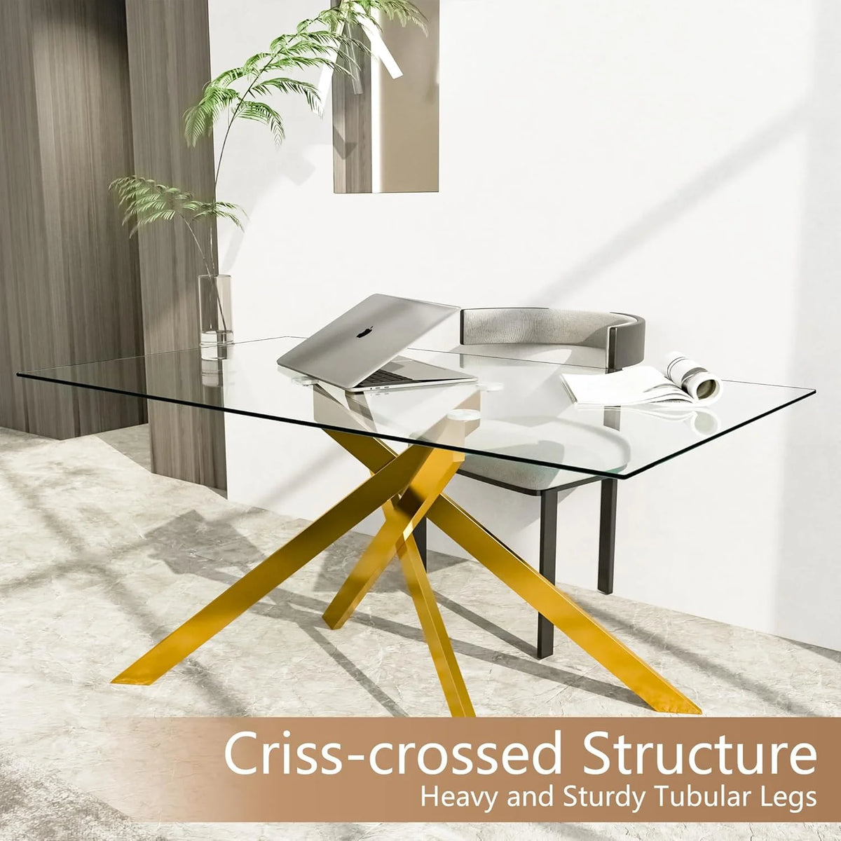 SSYBAB Glass Dining Table for 4 People, 51.2 Inches Rectangular Glass Kitchen Table with Silver Steel Legs, Modern Dining Room Table for Dinner Kitchen Dining Room
