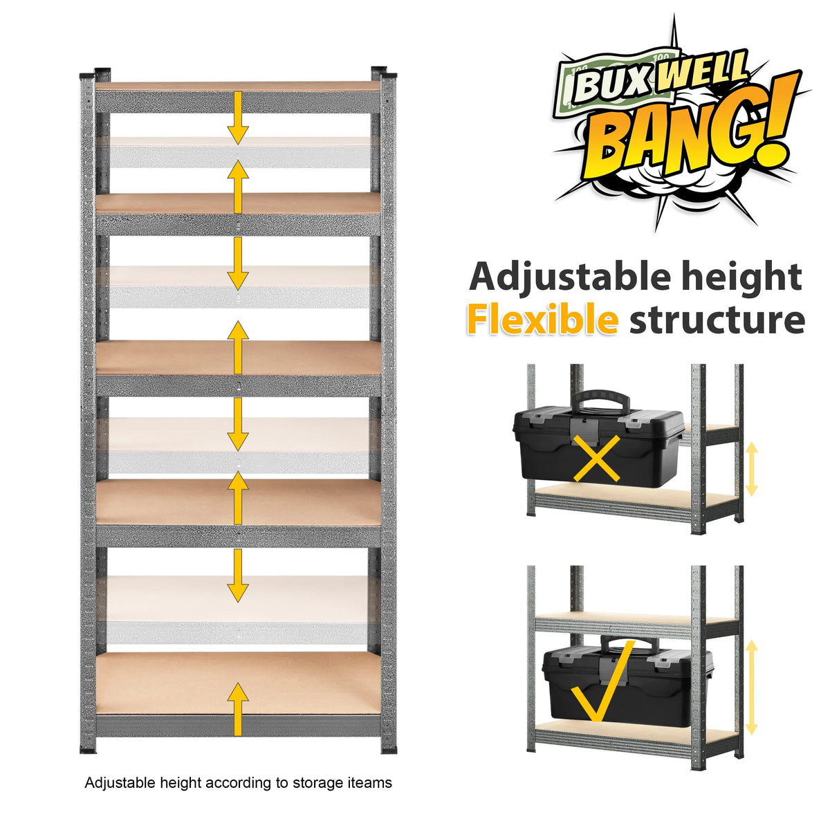 BuxWellBang 5-Shelf Heavy Duty Shelving - Adjustable Garage Storage Shelves