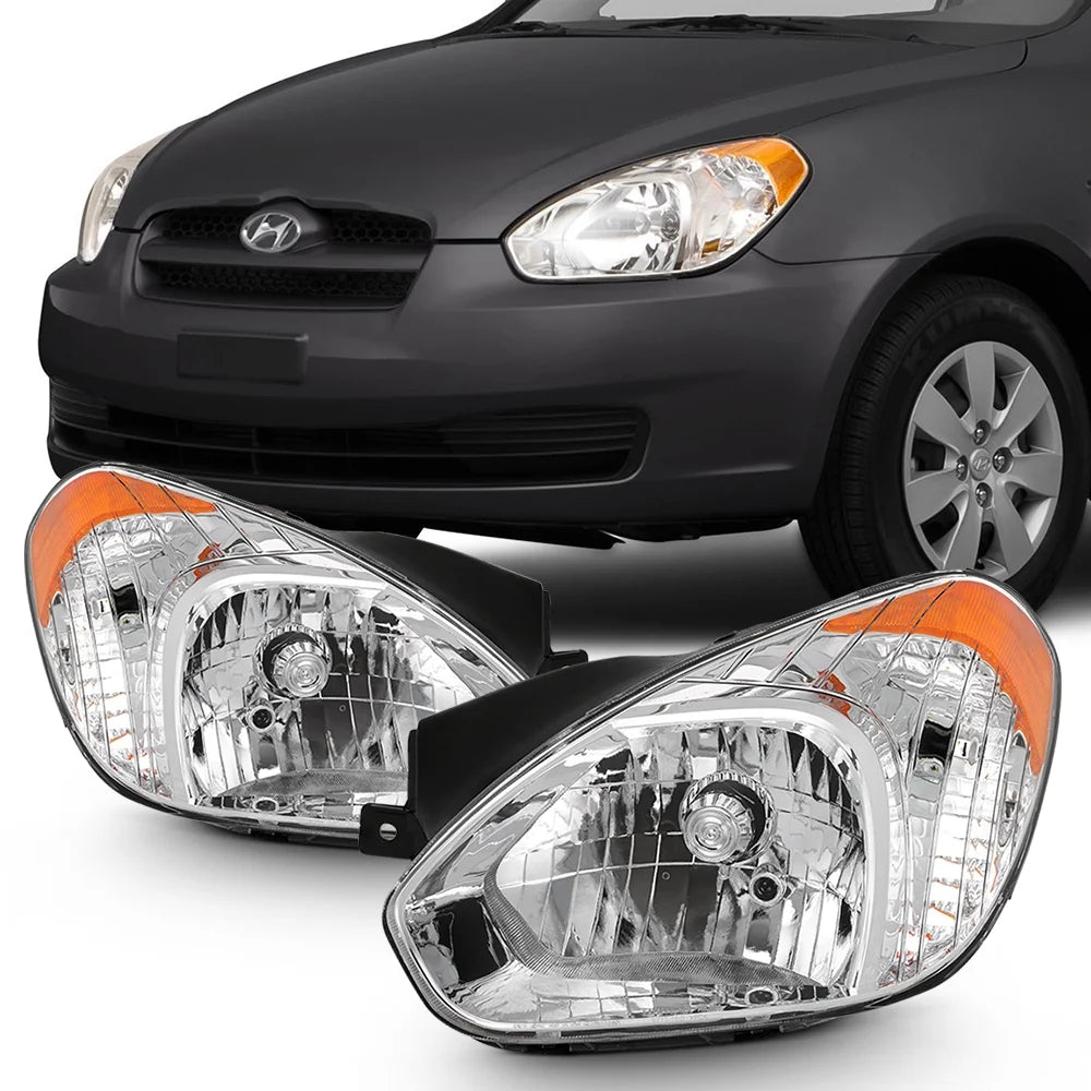 AKKON - For 2006-11 Accent Headlights Assembly Chrome Housing Clear Lens Full Set