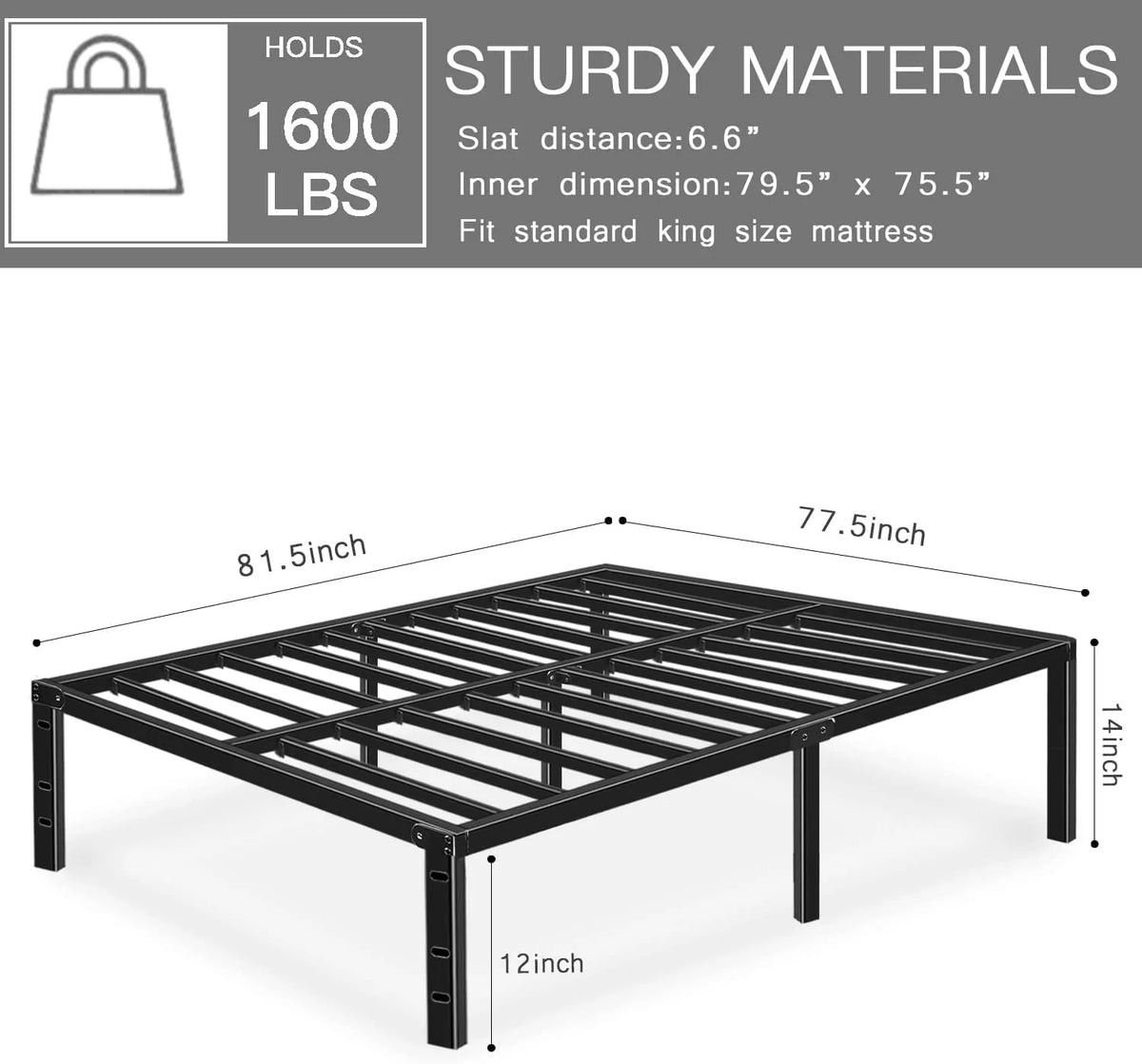 HAAGEEP King Platform Bed Frame No Box Spring Needed 14" with Storage Heavy Duty Black Metal