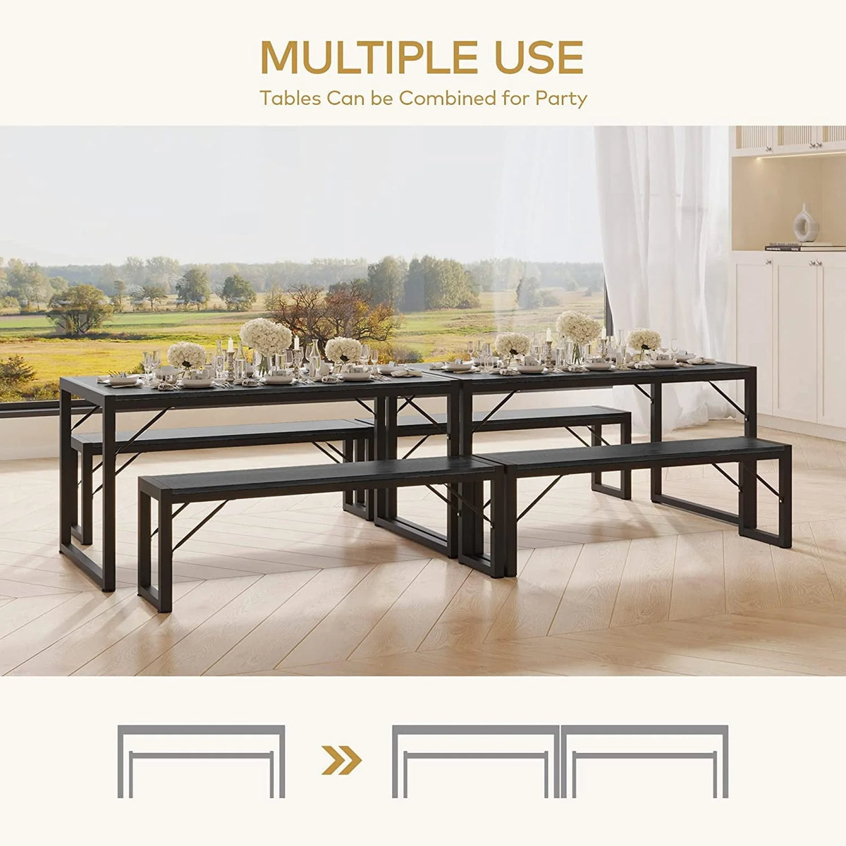 Dining Table Set for 4 People with 2 Benches, Dinette Set, 550lbs, Black