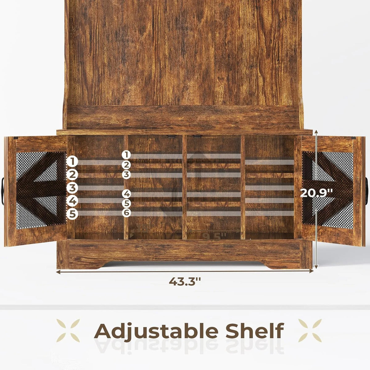 Hall Tree with Bench and Shoe Storage, 5-in-1 Entryway Bench with Coat Rack, 10 Shoe Cubbies & 9 Coat Hooks, Barn Door & Adjustable Shelf, Rustic Brown