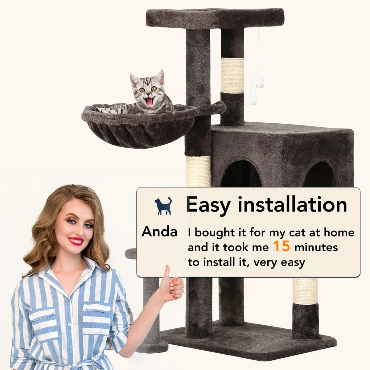 BestPet 36 inch Tall Cat Tower with Cat Scratching Post,with Cat Hammock & Funny Toy,Dark Gray