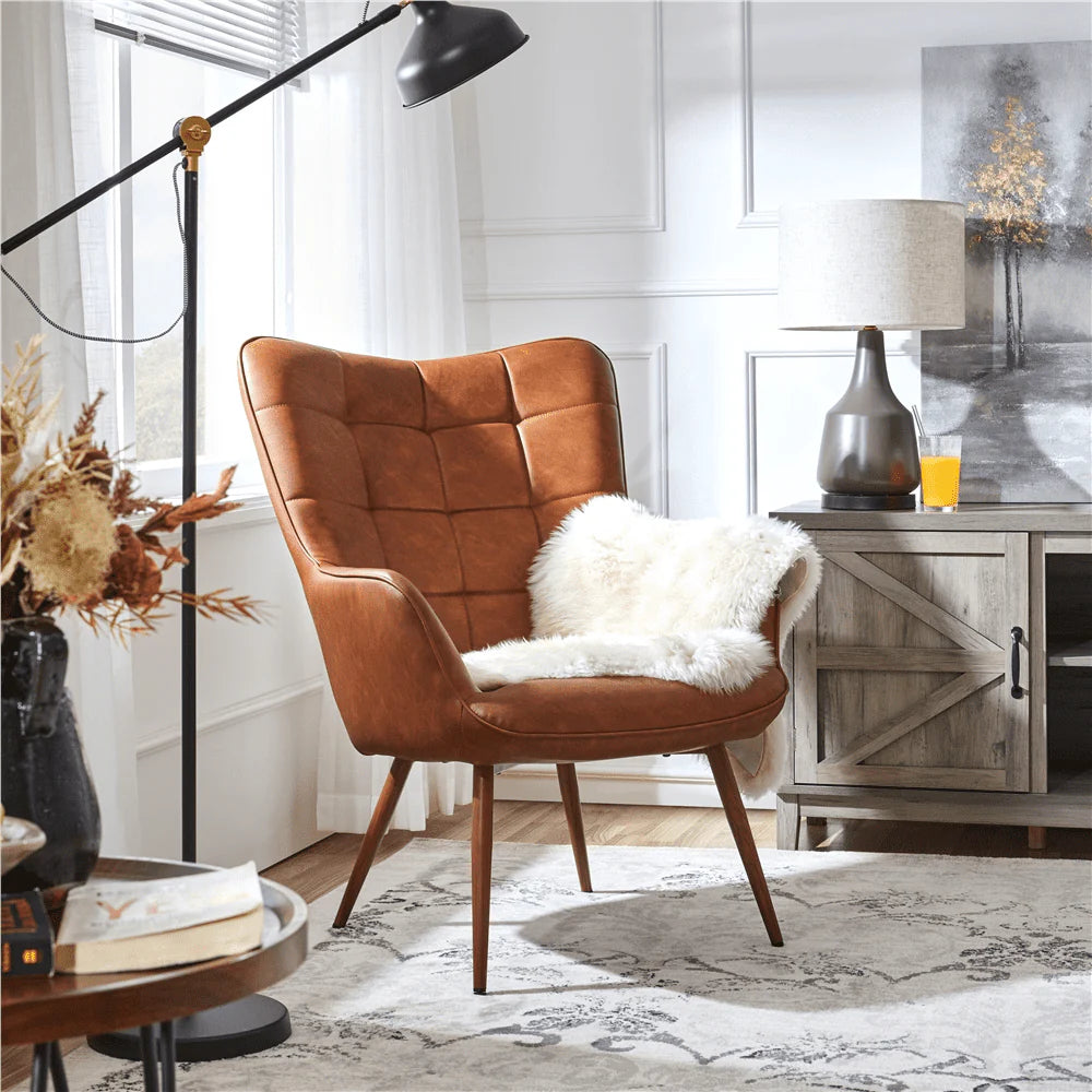 Topeakmart Faux Leather Wingback Accent Chair for Living Room, Brown