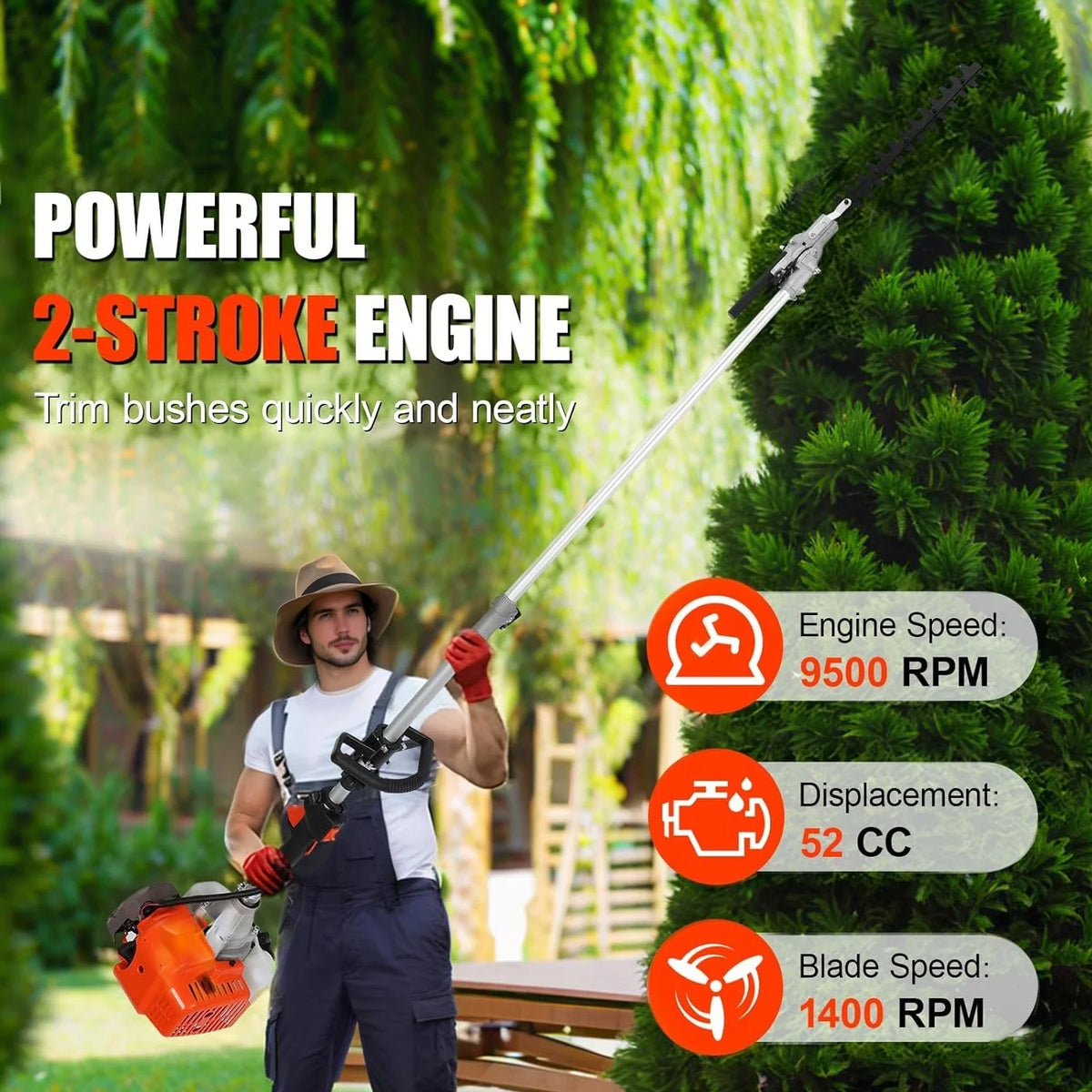 WETS 5 in 1 Garden Hedge Trimmer Combo,  52cc 2-Stroke Gas Powered Long Reach Pole Saw Grass String Trimmer Brush Tree Cutter Pruner Weed Eater Multi Functional Garden Trimming Tools
