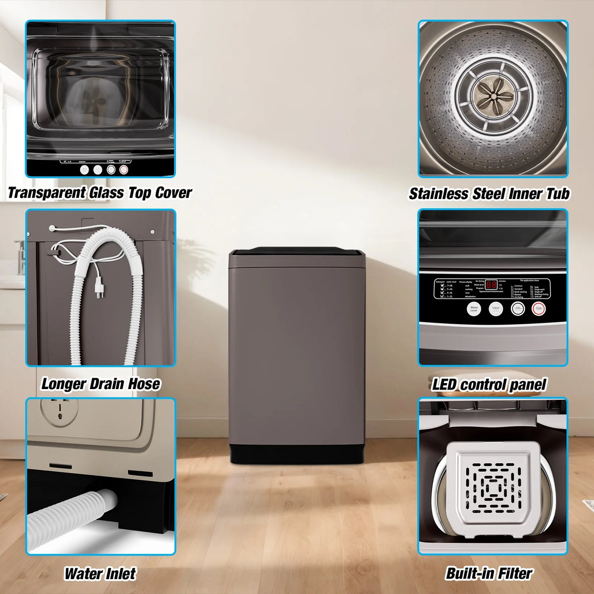TABU Washer and Dryer Set, 17.6LBS Full Automatic Washing Machine & 8.8LBS Portable Dryer (Gray&White)