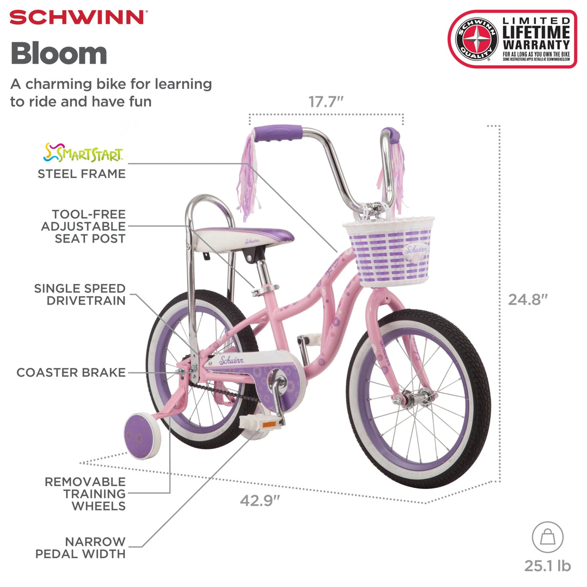 16" Bloom Kid's Bike with Training Wheels, Pink