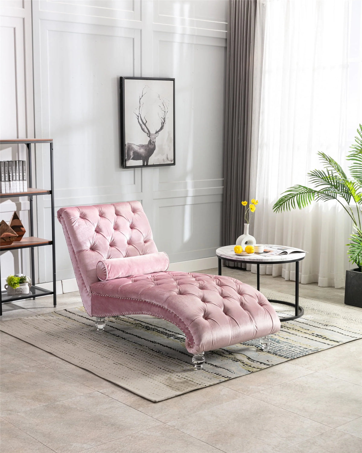 Velvet Chaise Lounge Chair, Modern Button Tufted Lounge Chair with Acrylic Legs and Nailhead Trim, Upholstered Sleeper Chair with Toss Pillow for Living Room Bedroom, Purple