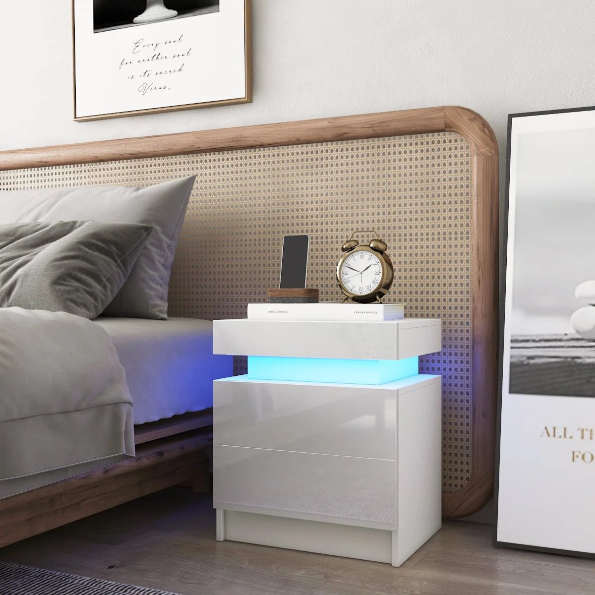 Hommpa Modern LED Nightstand with 2 Drawers High Gloss Led Light Bedside Table Storage White Night Table with Lights End Side Table with Drawer for Bedroom 20.5" Tall