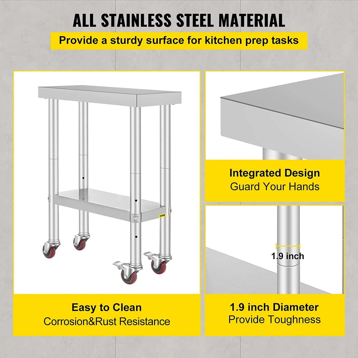 VEVORbrand Stainless-Steel Work Table 24 x 12 Inches with 4 Wheels for Commercial Kitchen Restaurant