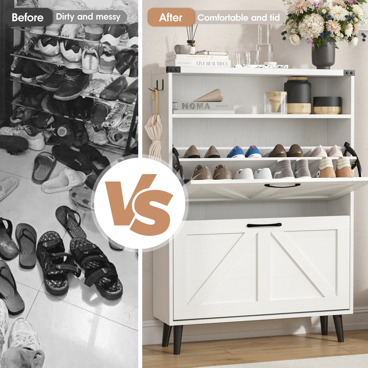 Veanerwood Shoe Cabinet with 2 Flip Drawers Farmhouse Shoe Storage Cabinet Organizer for Entryway, Gray