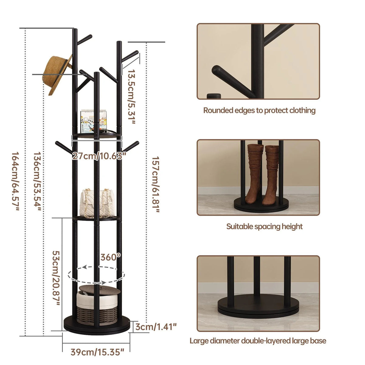 KASLANDI Solid Wood Rotary Coat Rack with 3 Shelves & 9 Hooks, Freestanding Hall Tree Stand, Coat Tree for Entryway, Living Room, Walnut, Easy Assembly