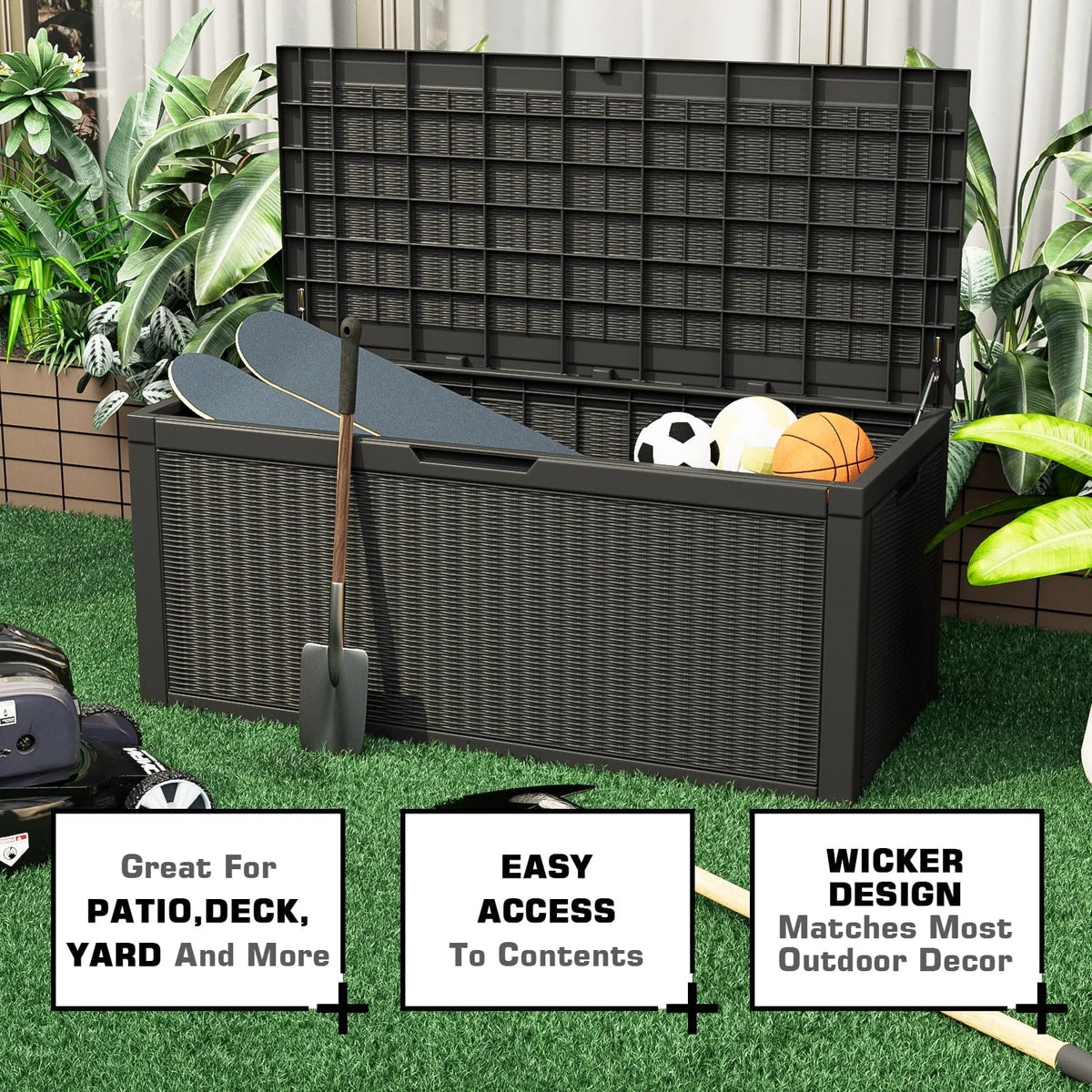 Vineego Outdoor All-Weather 100 Gallon Resin Deck Box,Indoor Outdoor Lockable Storage Container, Black