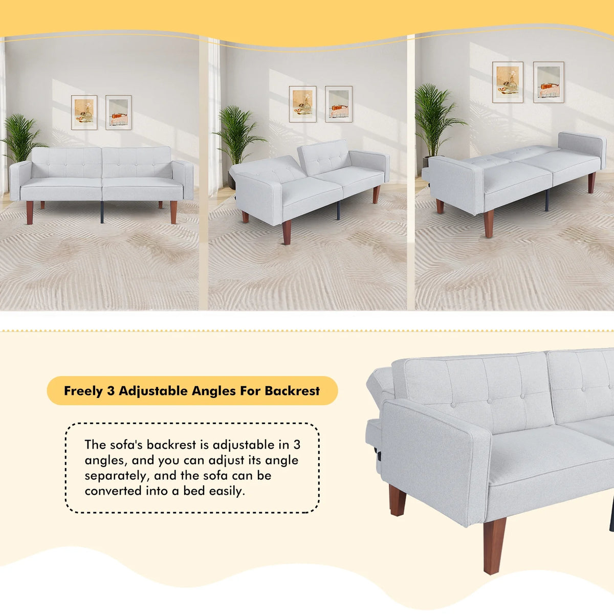 Sofa Bed, Convertible Memory Foam Futon Couch, Adjustable Sleeper Sofa Bed for Living Room, Gray