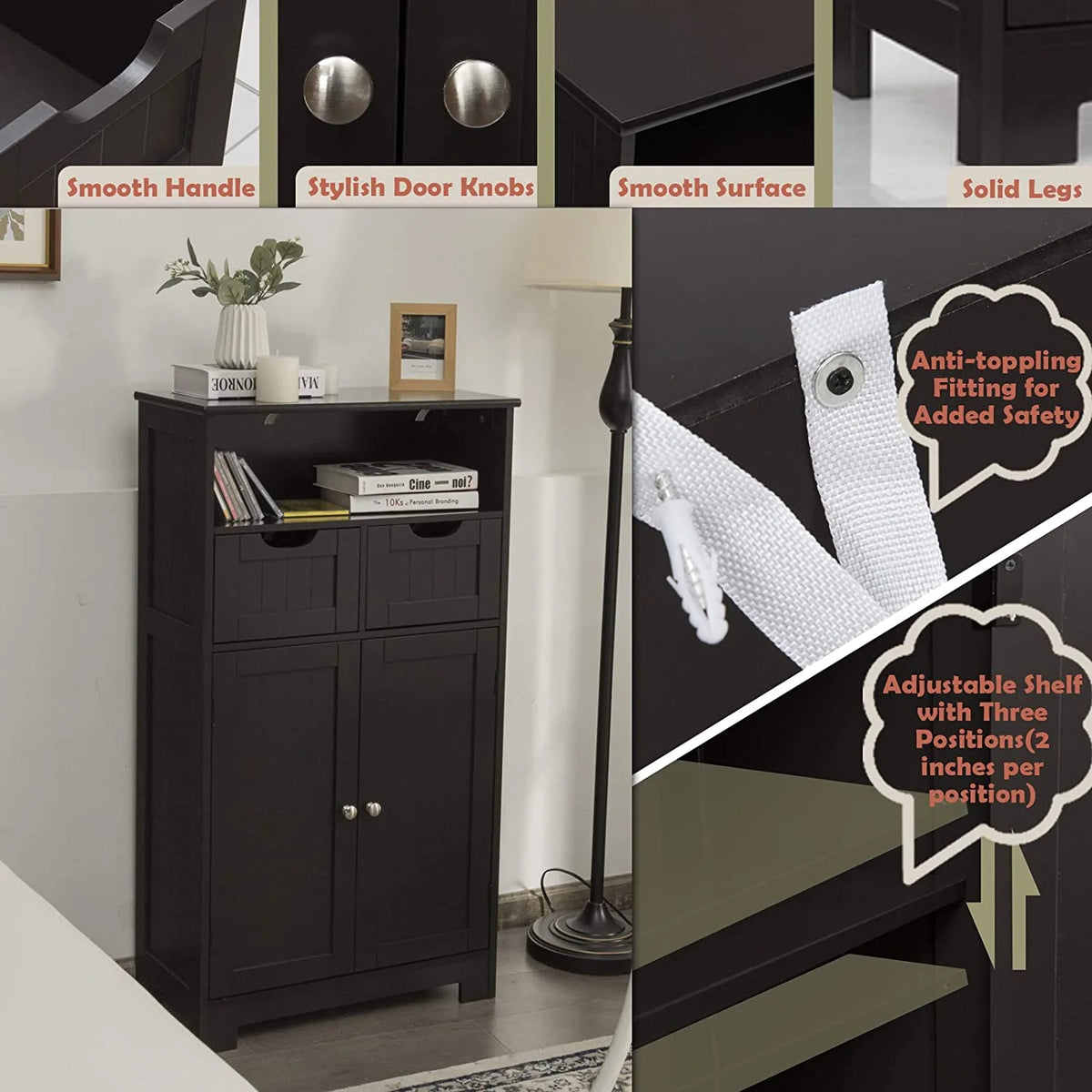 Giantex Multifunctional Floor Cabinet, Freestanding Bathroom Cabinet with Removable Drawers and Adjustable Shelf for Bathroom, Living Room, Bedroom or Entryway, 24 x 12 x 43 inches (Black)