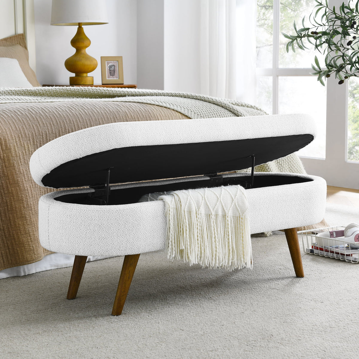 Furniliving Modern Upholstered Button Tufted Storage Ottoman Entryway Bench, Ivory