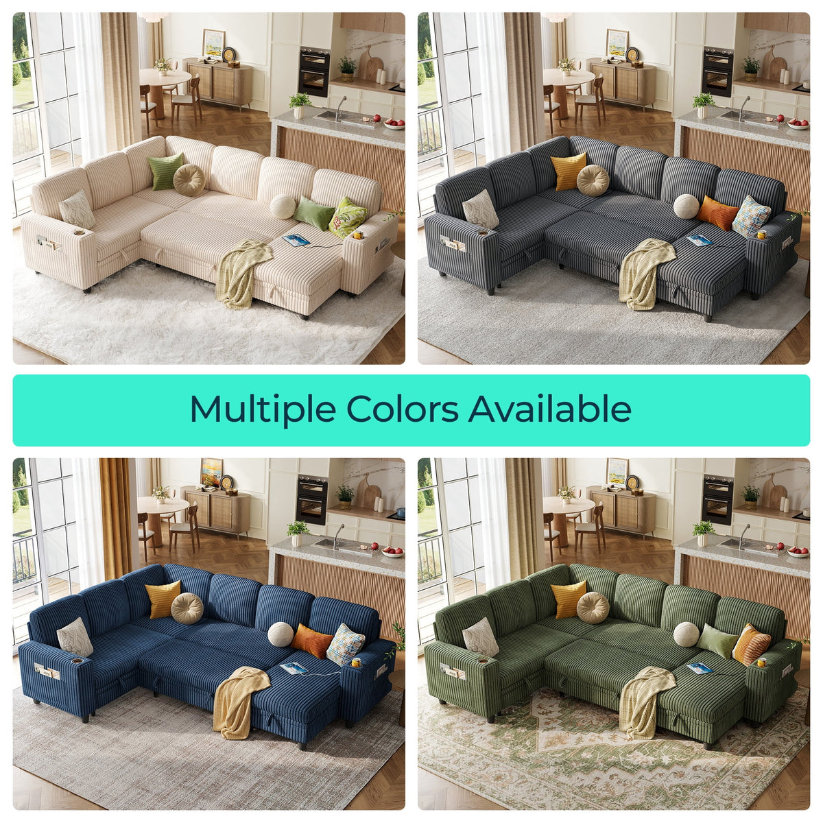 Linsy Home Plush Corduroy Sleeper Sofa Bed with Reversible Storage Chaise, Pull Out Couch Bed with USB, Cup Holder, Side Pocket, L Shaped Sectional Couches for Living Room, Apartment, Dark Grey