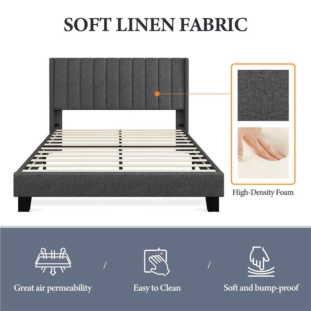 Yaheetech Upholstered Wingback Bed with Support and Mattress Foundation, Queen, Dark Gray