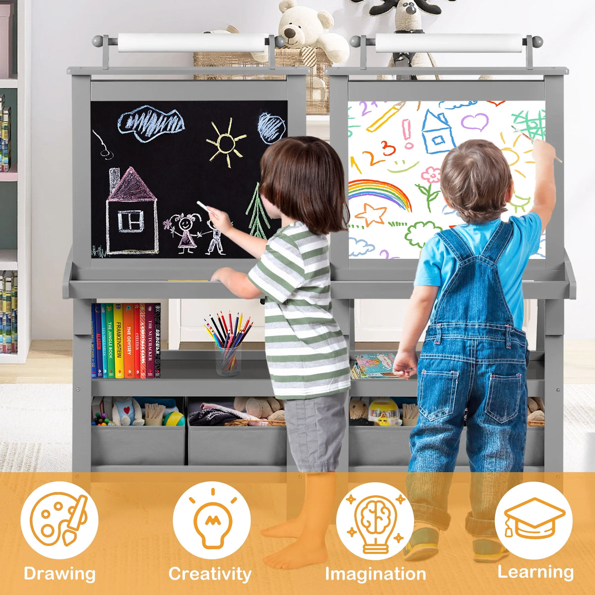 LINLUX 3 in 1 Art Easel for Kid, Whiteboard for Kid with Stand, Magnetic Chalkboard Pizarra, Grey