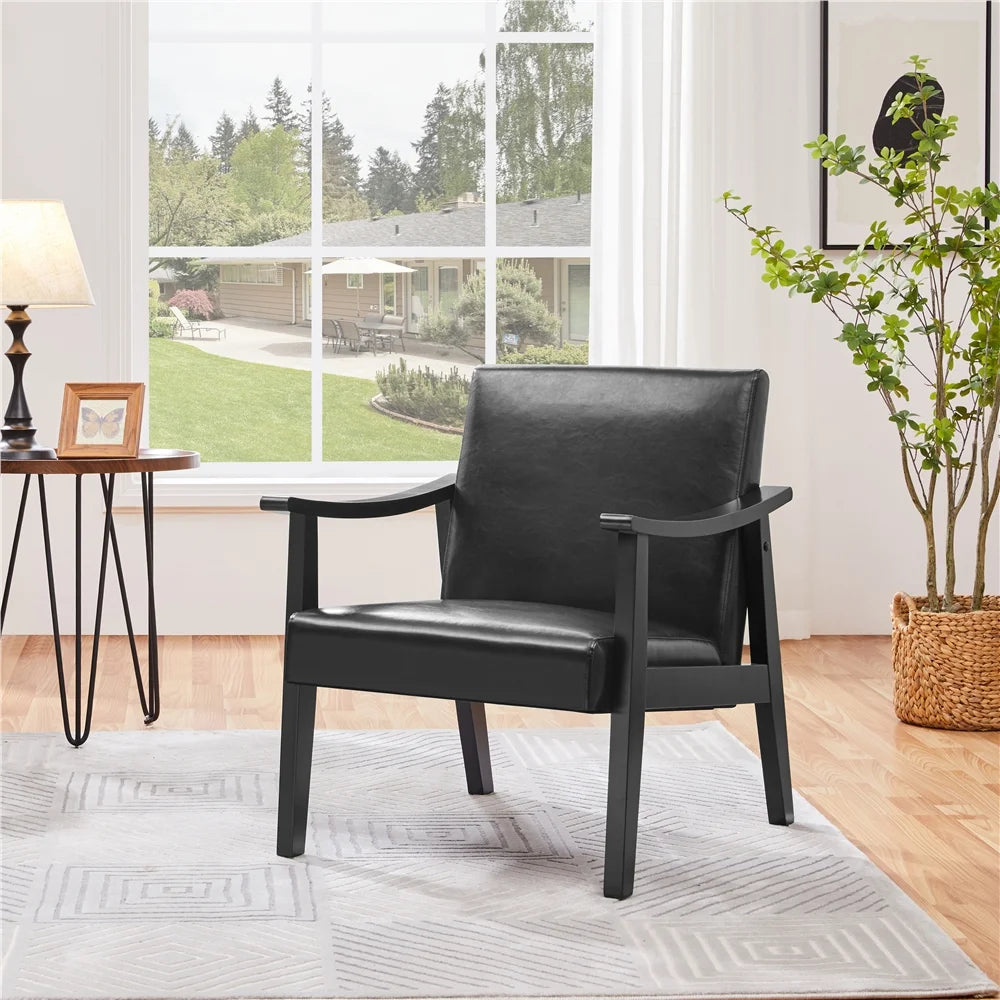 Yaheetech Mid-Century Upholstered Faux Leather Armchair with Solid Wood Legs,Brown