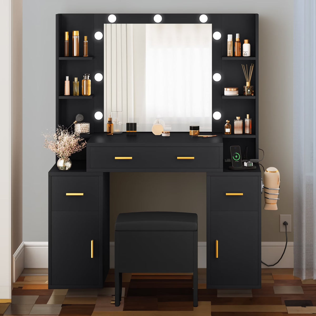 Dextrus Elegant Makeup Vanity Set with Lighted Mirror and Drawers, White Makeup Desk,Dressing Table for Girls