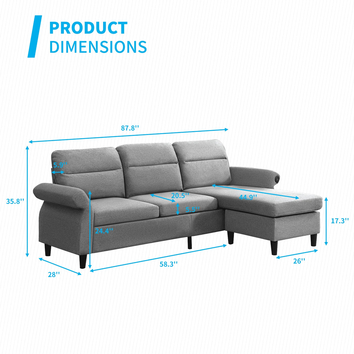 Mjkone Modern 88" W Convertible Sectional Sofa Couch with 2 USB Ports and Adjustable Armres,3 Seat L-Shape Sofa Couch with,Ottoman for Living Room,Apartment , Linen Fabric,Light Grey