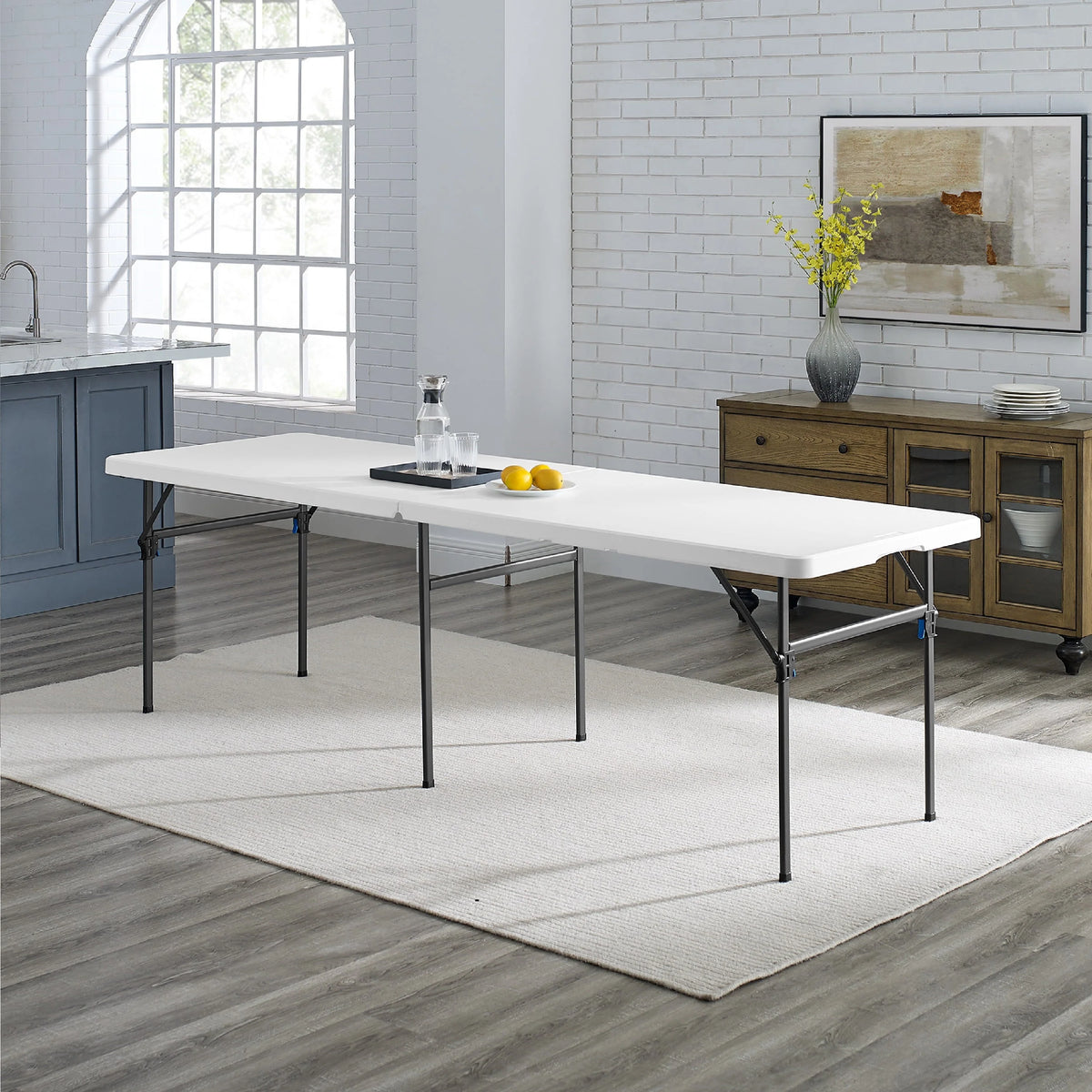 Mainstays 8 Foot Fold-in-Half Plastic Table, Indoor Outdoor, White Granite