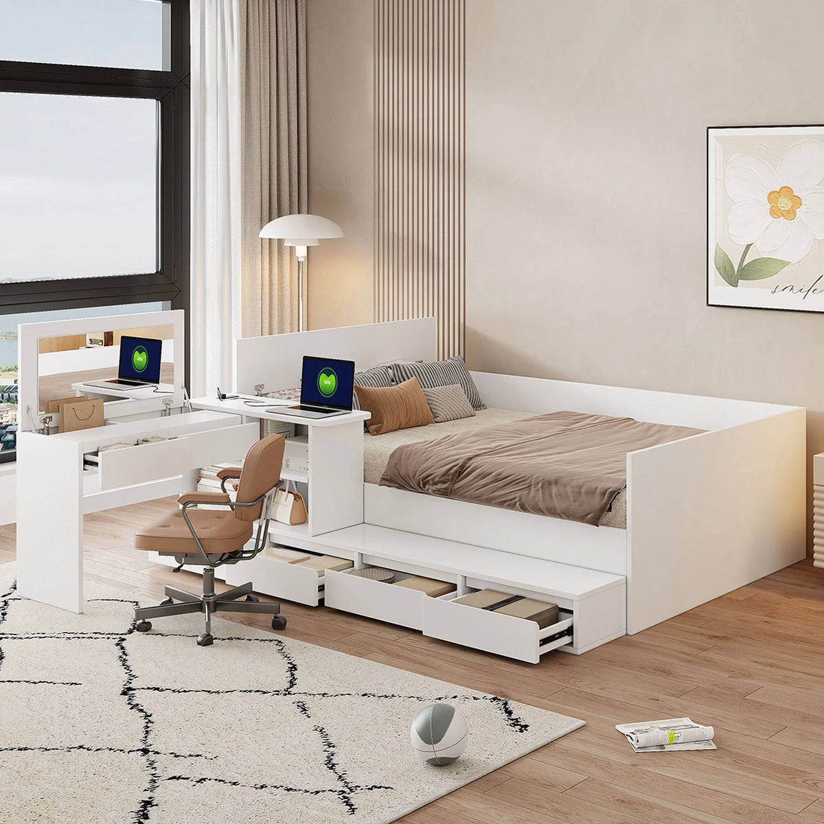 Full Size White Wooden Platform Bed w/ 6 Drawers, Vanity Desk &amp; Shelves - Bedroom Furniture. Space-saving design. Includes storage, perfect for small spaces. 75.3"L x 100.9"W.