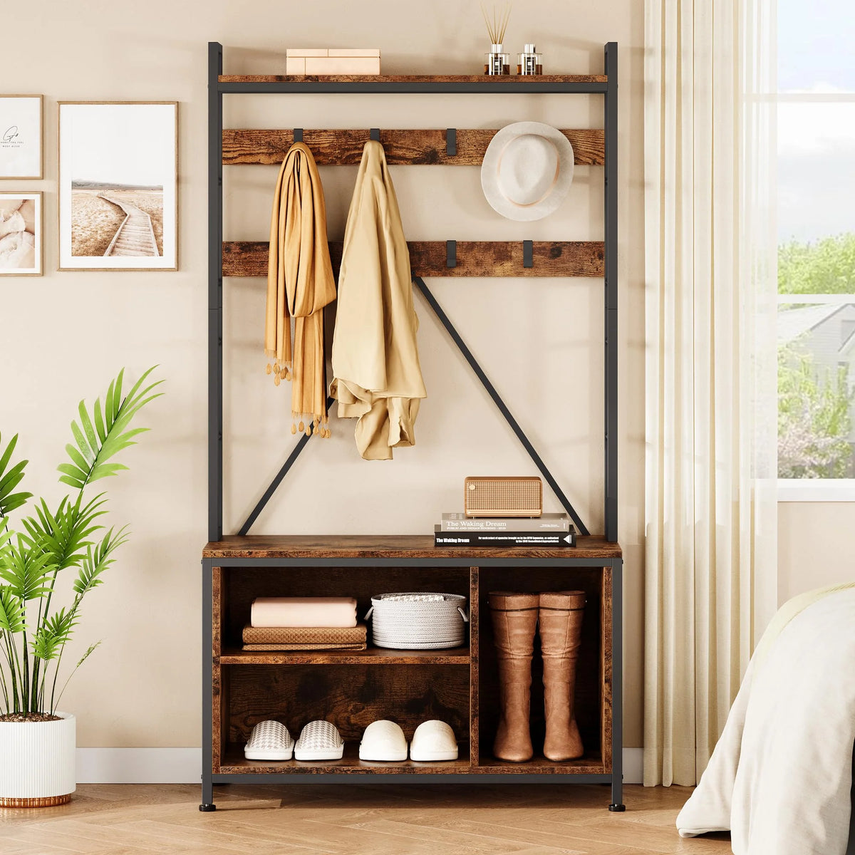 Hall Tree with Bench 36.41" Coat Rack Freestanding 5 in 1 Industrial Shoe Bench with 3 Storage Cubbies and 8 Hooks Entryway Coat Rack with Shoe Storage, Brown