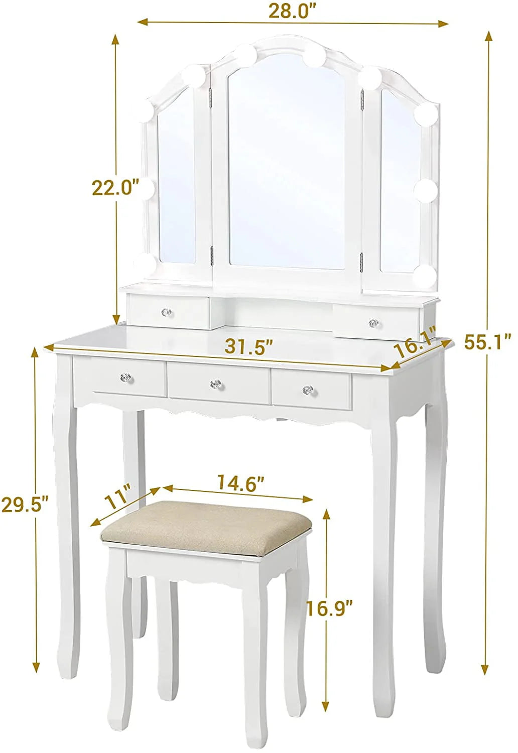 Vanity Table Set with Lighted Tri-Folding Mirror and Cushion Stool, White