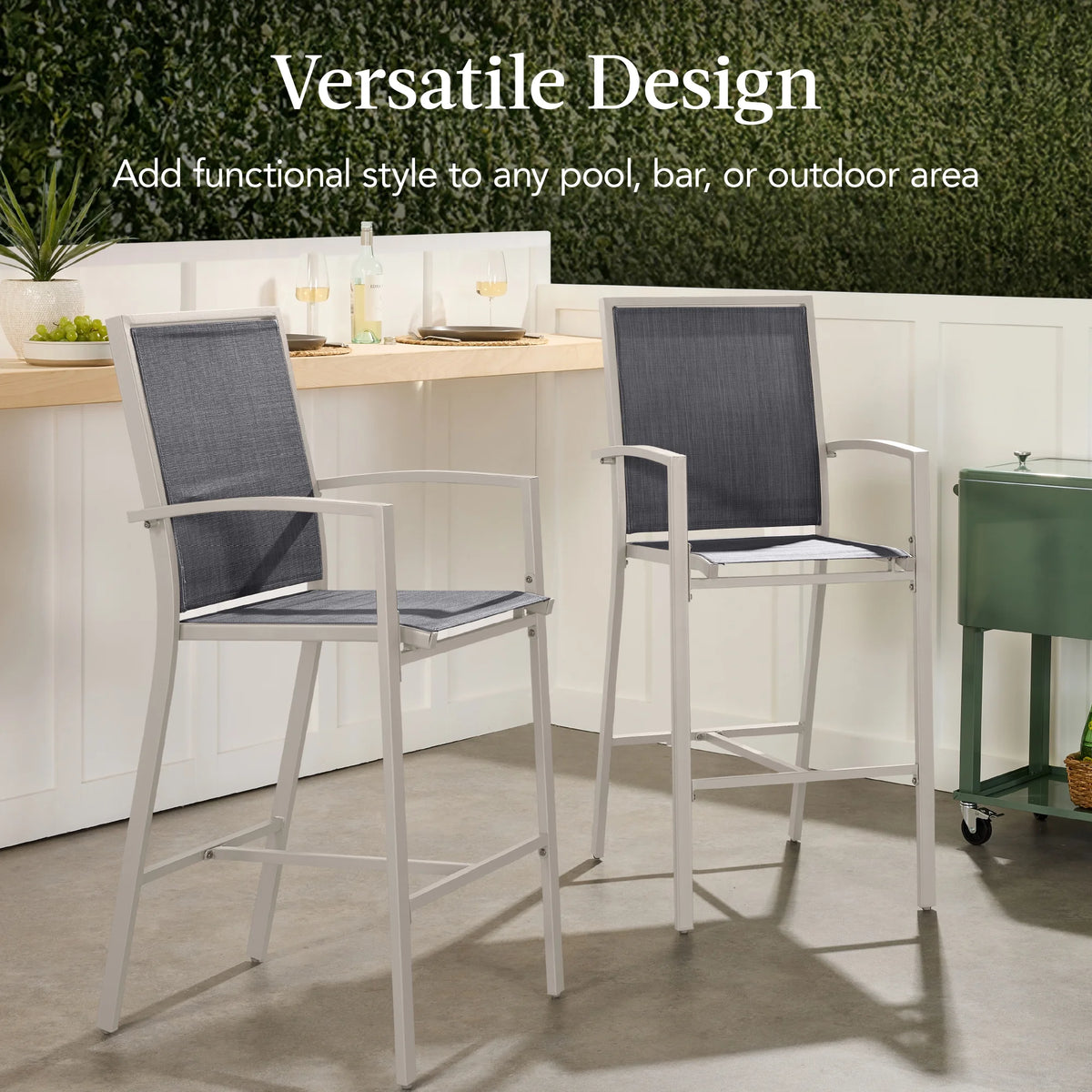 Best Choice Products Outdoor Barstools Set of 2, Bar Height Patio Chairs w/ All-Weather Mesh - Black/Black