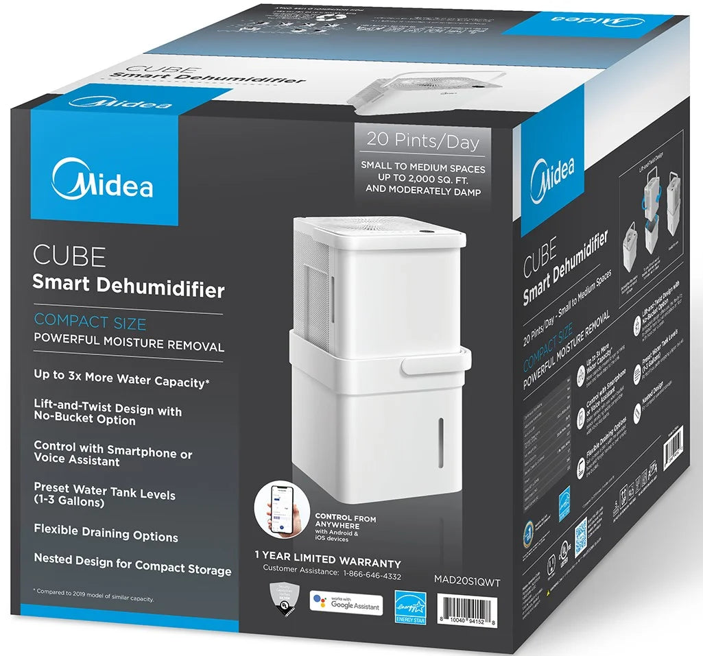 Midea Cube 20-Pint Smart Wi-Fi Dehumidifier, White, Automatic Shut-Off