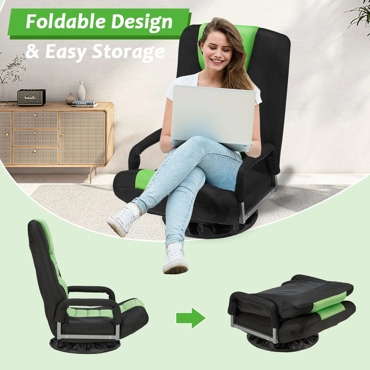 Avocahom Swivel Gaming Floor Chair w/ Armrest Handles, No Assembly gaming chair rocker, Folding Reclining Sofa w/6 Position Adjustable Backrest for Video Games, Watching TV, Reading,Blue