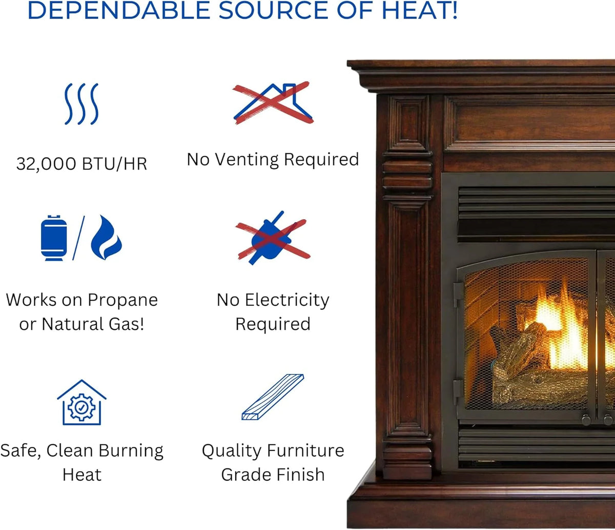 Duluth Forge Dual Fuel Ventless Gas Fireplace With Mantel - 32,000 BTU, T-Stat. Control, Auburn Cherry Finish - Model# DFS-400T-2AC