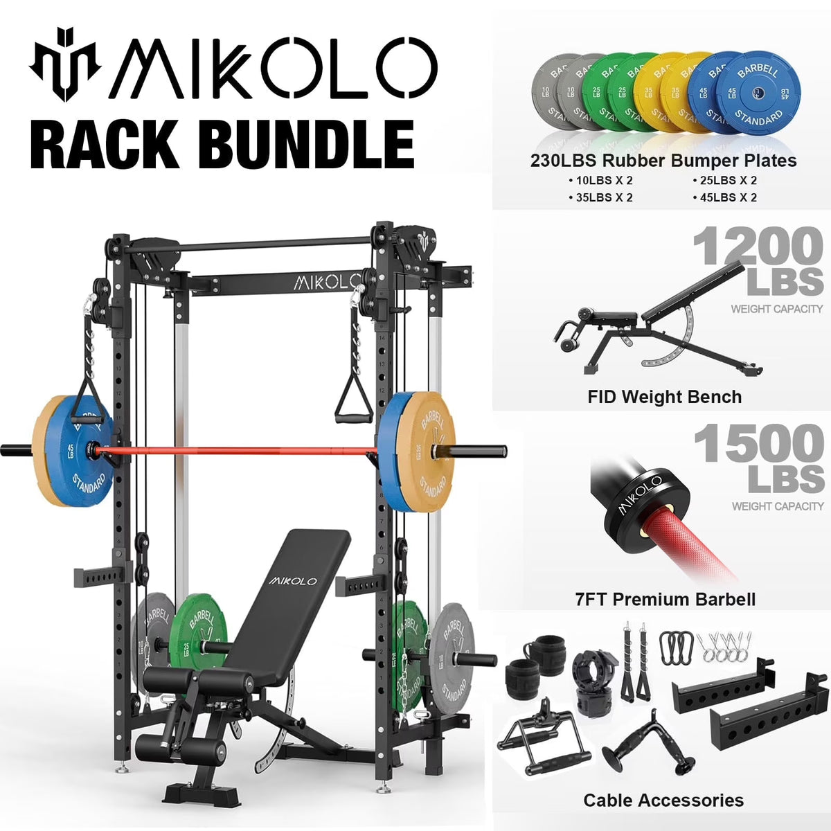 Mikolo Foldable Power Rack Cage,1000lbs Capacity Wall Mounted Squat Rack with independent pulley system, Space Saving Home Gym Equipment with 5 Adjustable Angle