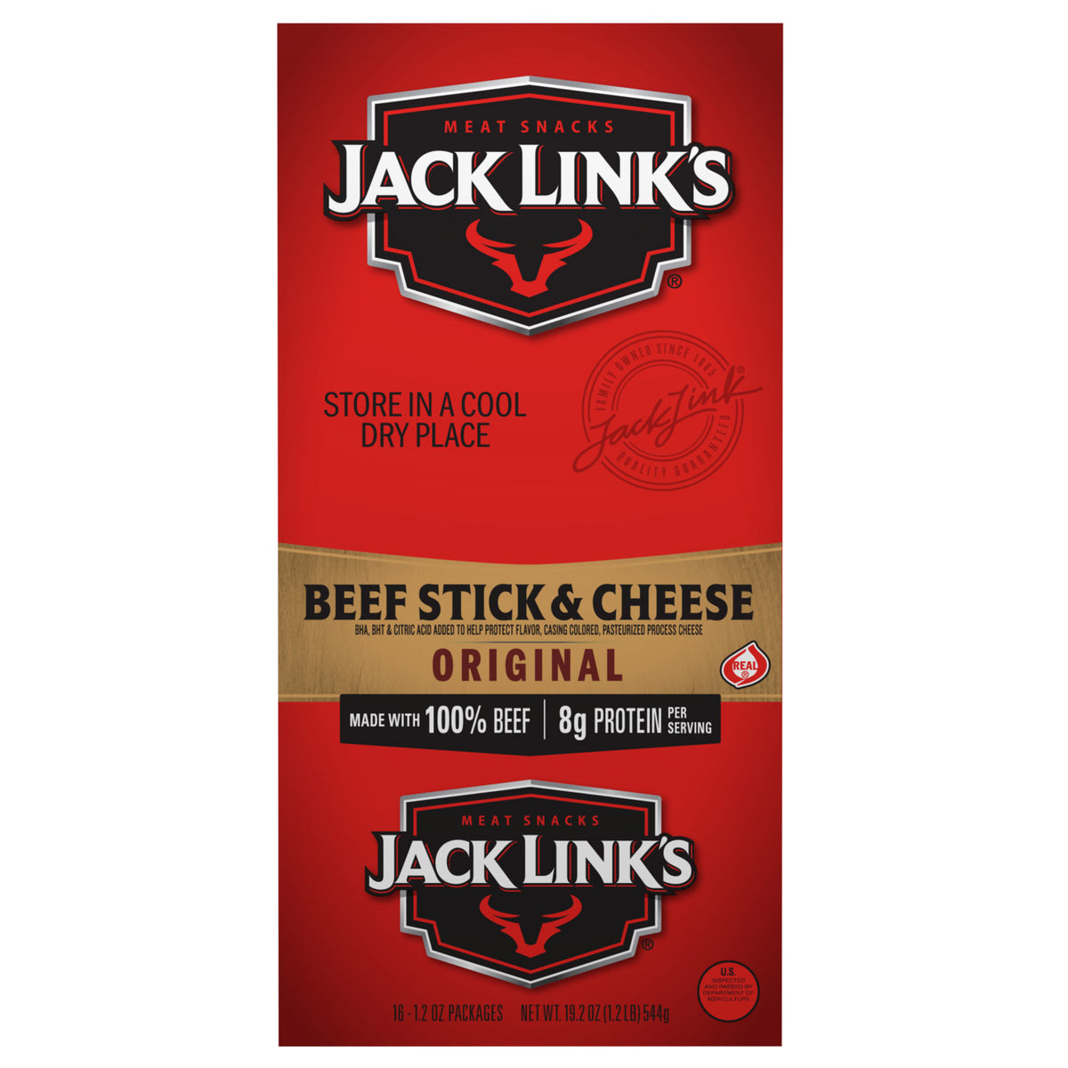Jack Link's All American Beef Stick, Beef & Cheese, 1.2 oz, 16-count