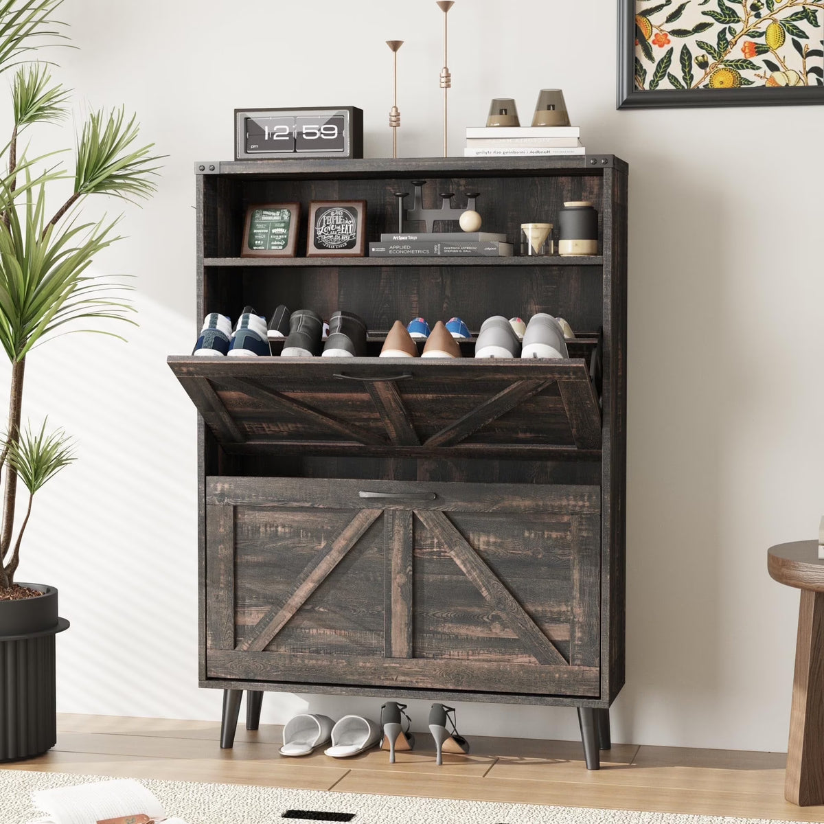 Veanerwood Shoe Cabinet with 2 Flip Drawers Farmhouse Shoe Storage Cabinet Organizer for Entryway, Gray