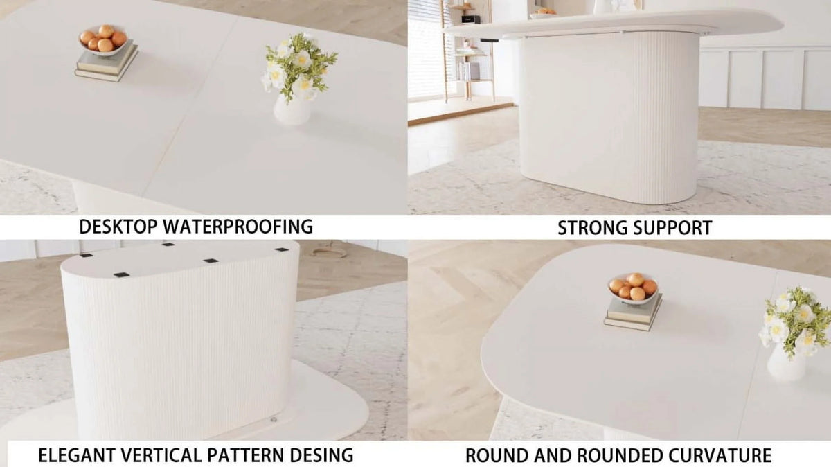 63 Inch Oval Dining Table Set with 6 Cushioned Chairs, Modern Wooden Dining Room Table Waterproof Scratch-Resistant Tabletop, Cream White for Family Gatherings