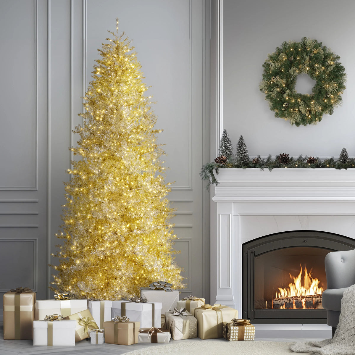 National Tree Company Pre-Lit Artificial Christmas Tree, Platinum, Tinsel, 1250 Warm White LED Rice Lights, Includes Stand, 7.5 Feet