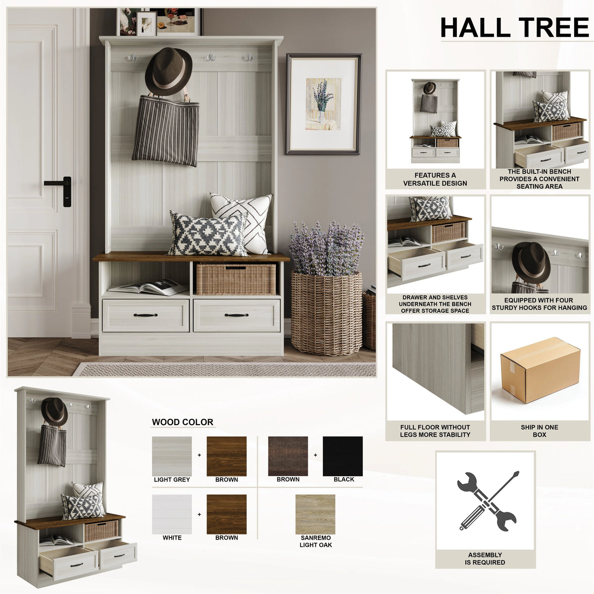 Castle Place Contemporary Hall Tree with Storage Cabinet, White
