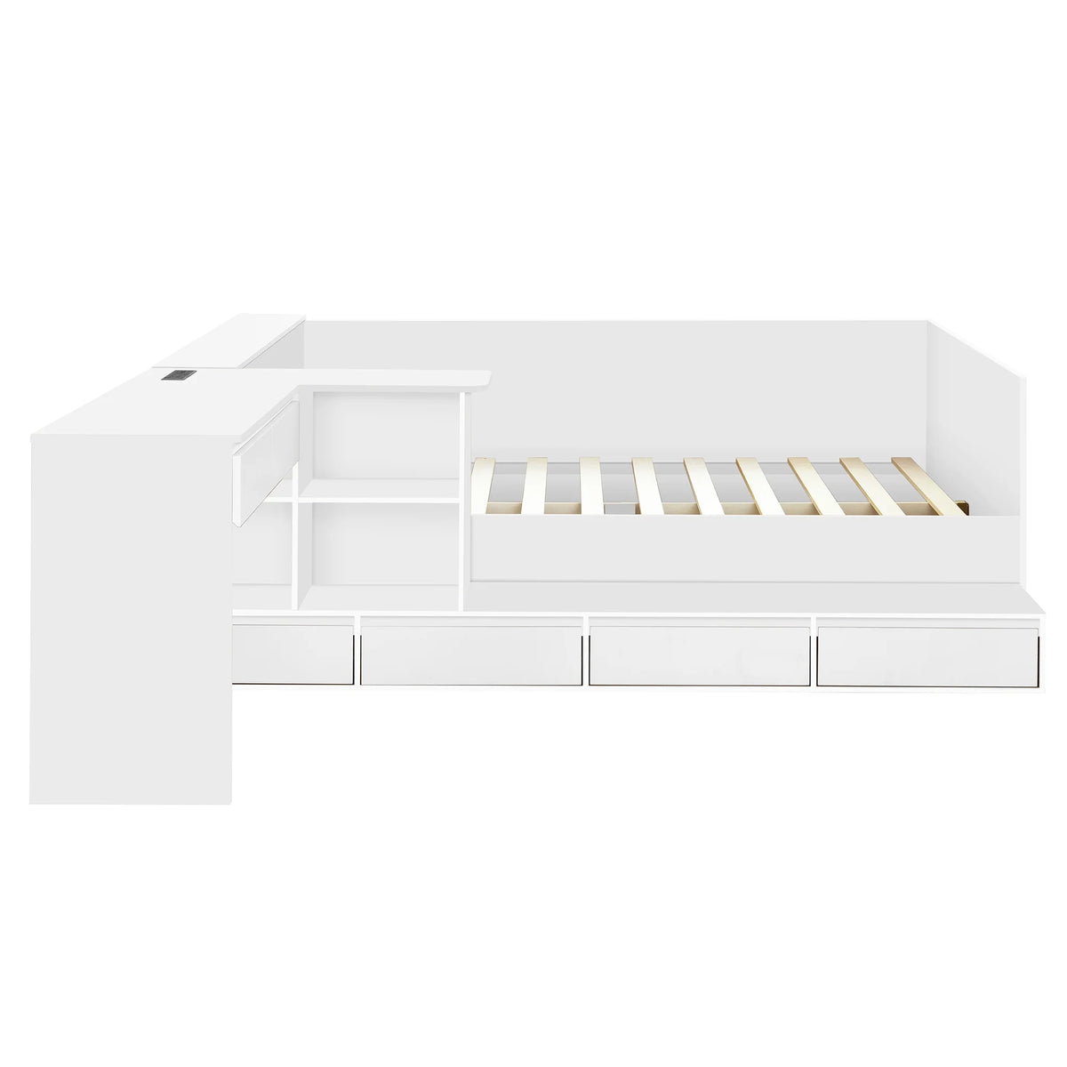 Full Size White Wooden Platform Bed w/ 6 Drawers, Vanity Desk &amp; Shelves - Bedroom Furniture. Space-saving design. Includes storage, perfect for small spaces. 75.3"L x 100.9"W.