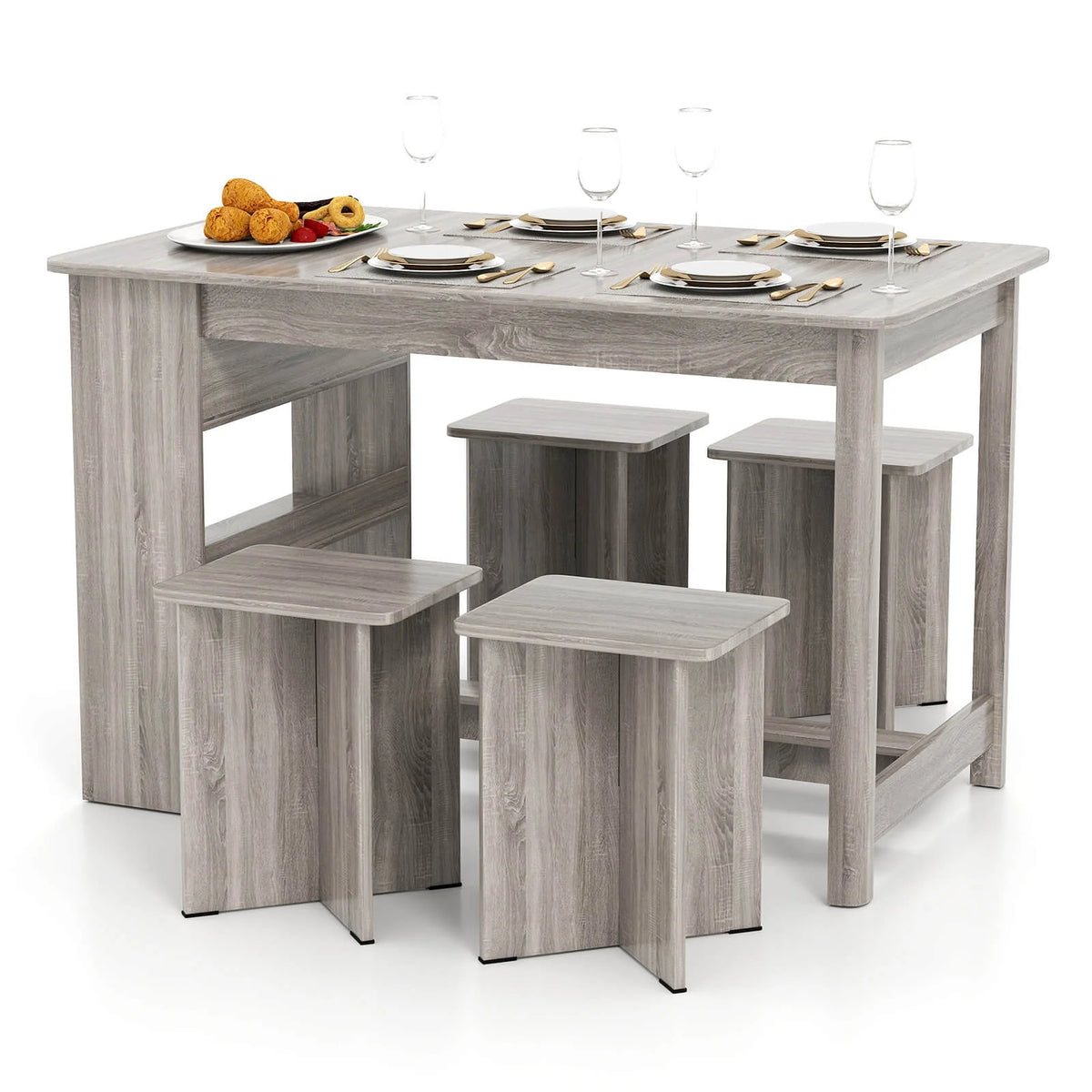 Costway 5 PCS Dining Table Set with Storage Shelf Rectangular Kitchen Table with 4 Stools Beige