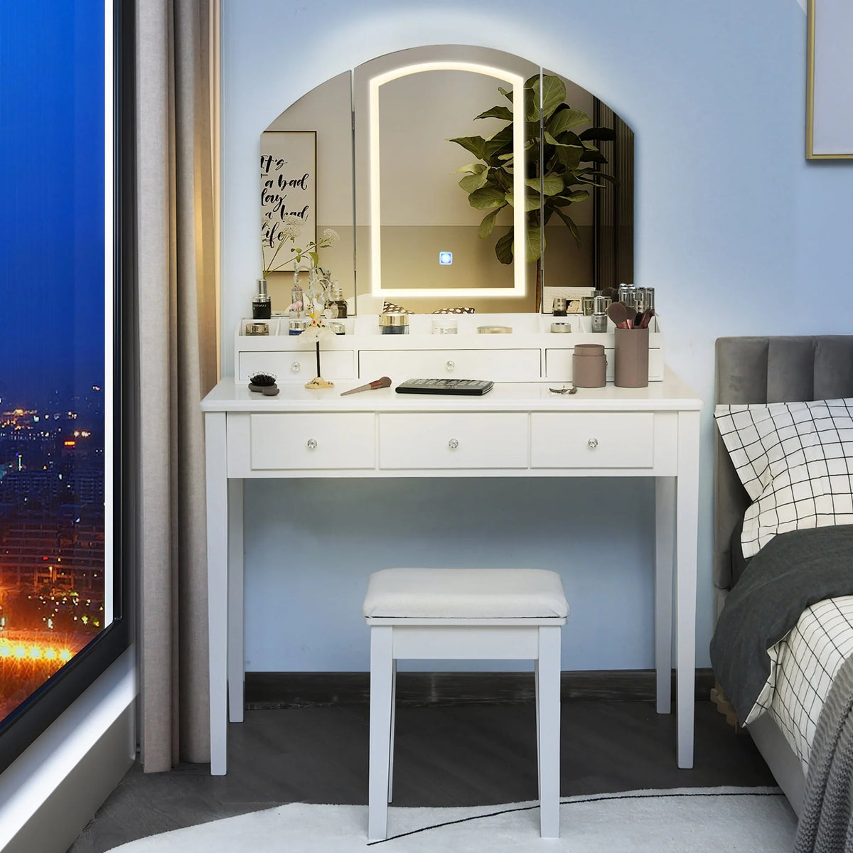 Costway Vanity Table Stool Set Large Tri-folding Lighted Mirror 6 Drawer Dresser White