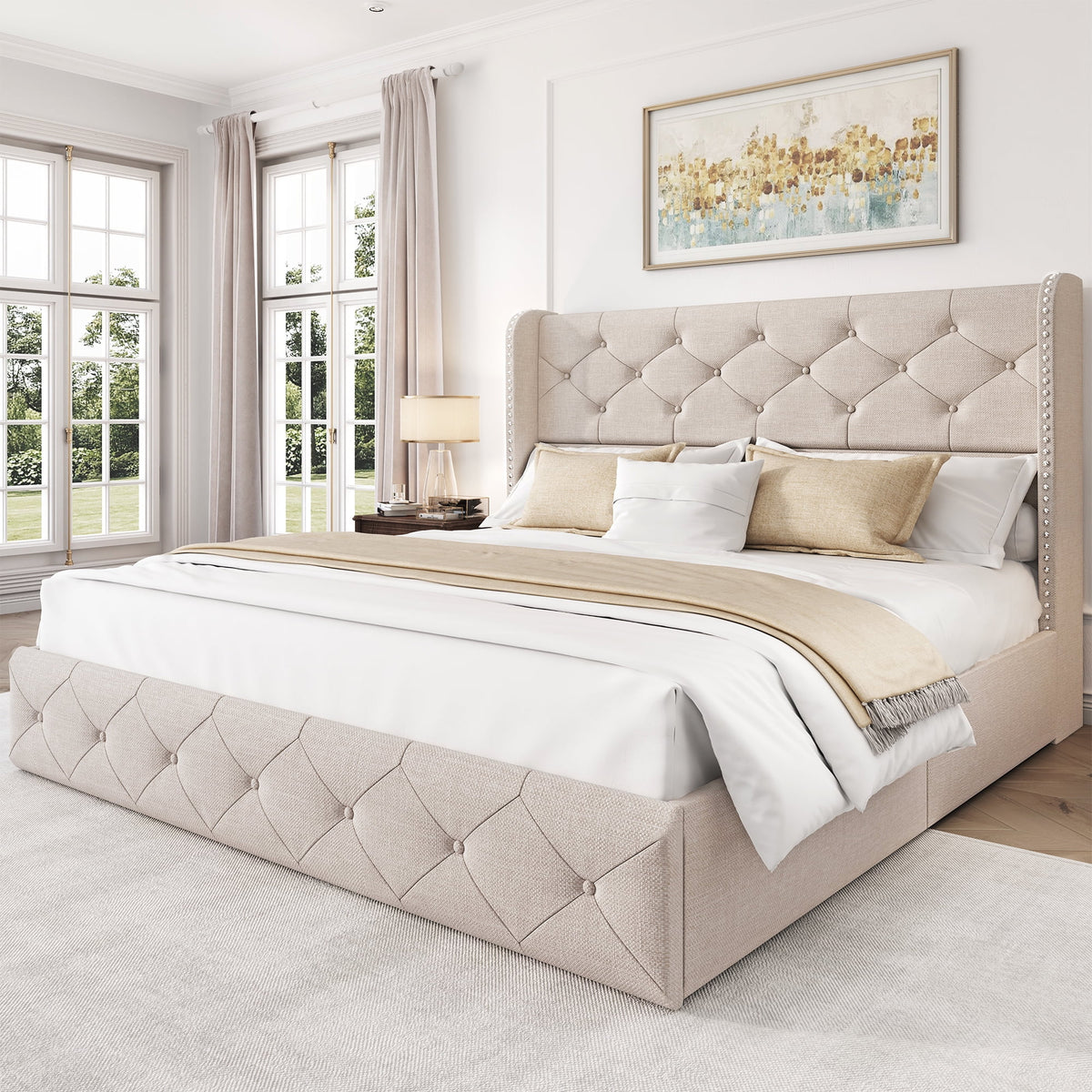 LARMACE Queen Size Platform Bed Frame with 4 Storage Drawers and Tufted Headboard Linen Upholstered Bed Wingback Bed Frame with Wooden Slats Support, Easy Assembly, Light Grey