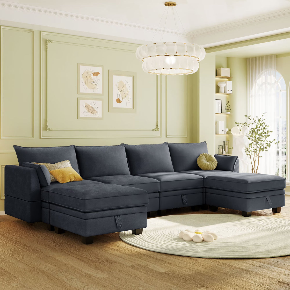 EUROCO 115" Large U/L Shaped Sectional Sofa, 1200LBS 6 Seat Convertible Couch Queen Size Sleeper Bed with Storage Seat and Removable Cushions, Modular Sofa with 2 Stools