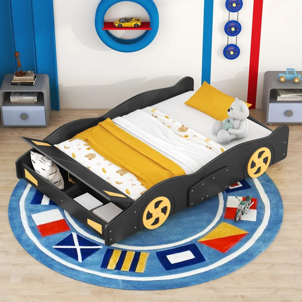 Full Size Modern Race Car-Shaped Platform Bed with Wheels and Storage, Solid Wood Platform Bed Frame with Sturdy Slat Support for Kids, Boys, Girls(Dark Blue)