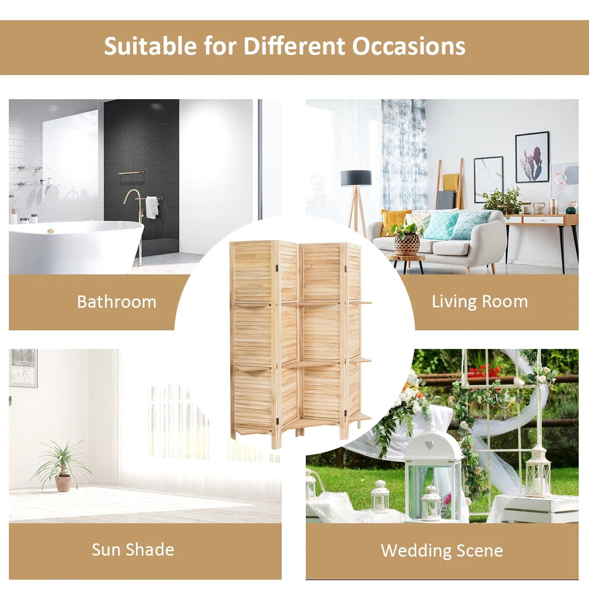 Costway 4 Panel Folding Room Divider Screen W/3 Display Shelves 5.6 Ft Tall