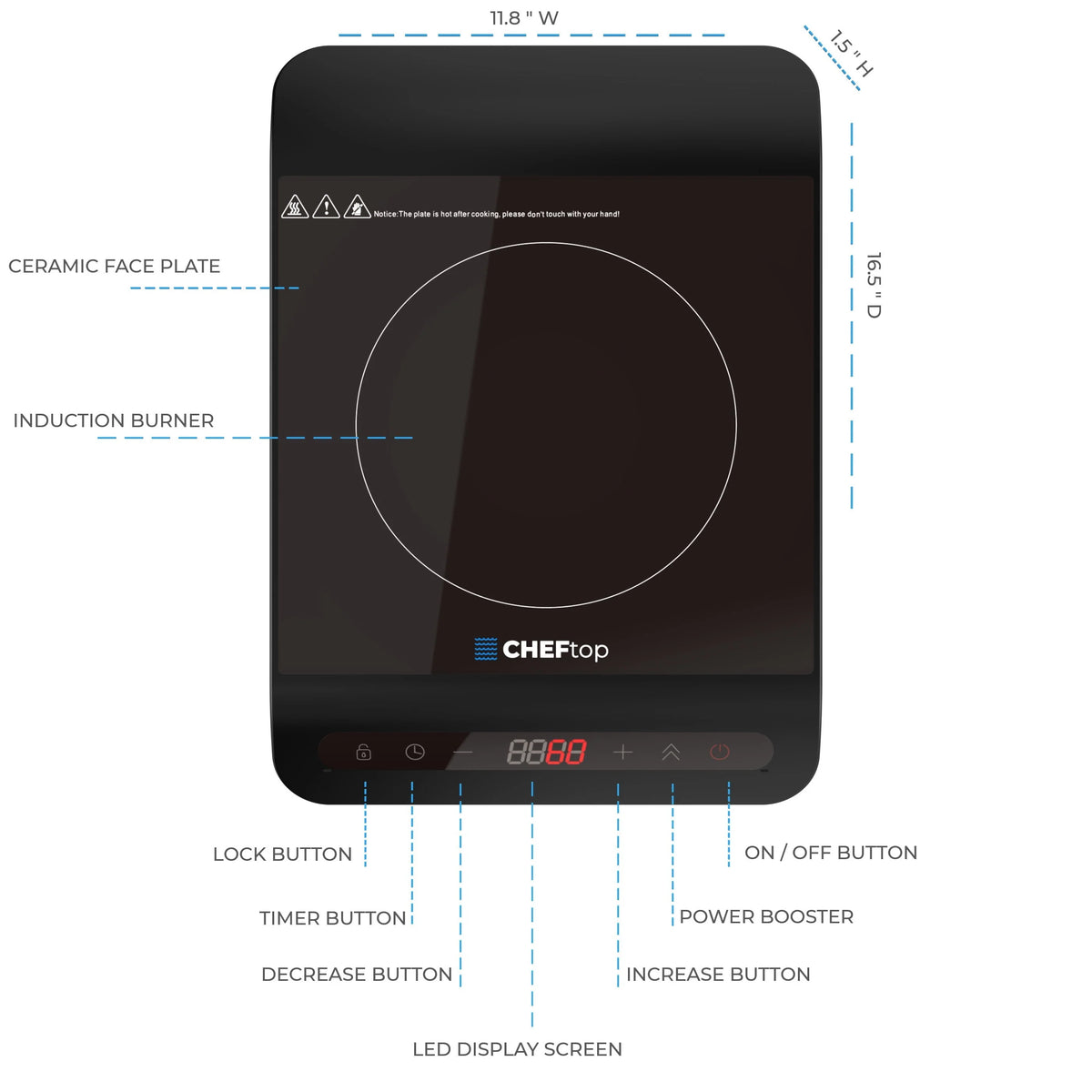 Cheftop Single Burner Induction Cooktop - Portable 120V Digital Ceramic Top 1300 Watt, Touch Sensor Control, Multiple Controls Cooking Zones & Power Levels