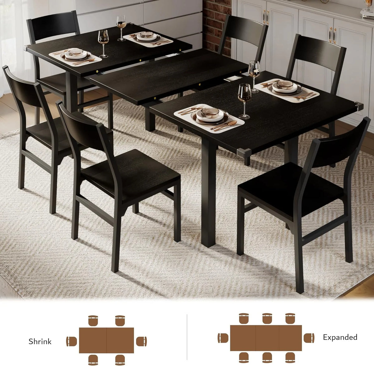 iPormis 63" Extendable Dining Table for 4-8, Square Wooden Dining Room Table with Metal Base, Modern Extendable Table for  Small Kitchens, Dining Office Areas, Black